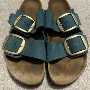 Birkenstock dark teal Arizona Sandals with big Gold Buckles